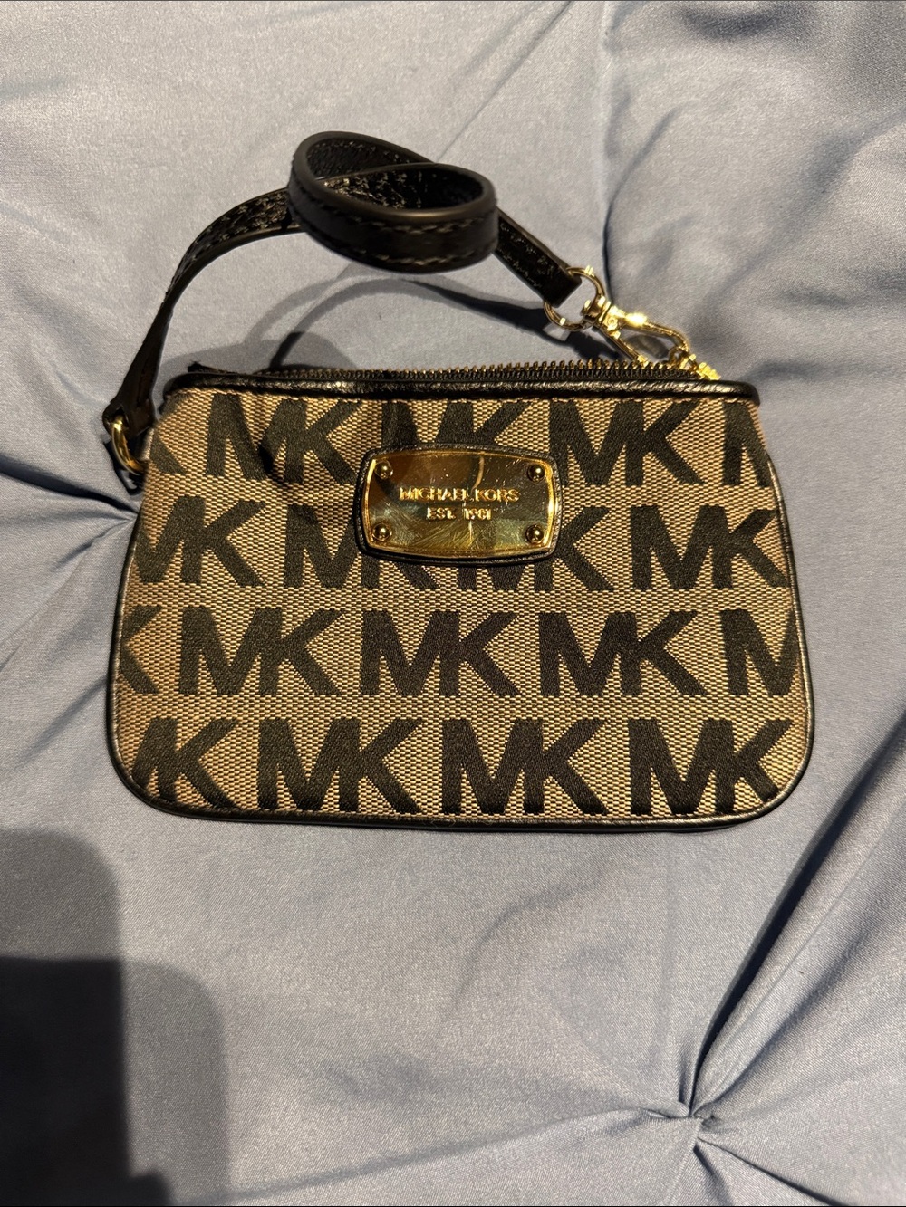 Michael Kors Black and Beige MK Signature Wristlet with Gold Plate